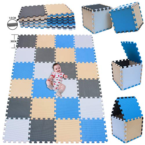 MSHEN 24 Foglio Tappeto Puzzle con Certificato CE e Certificazione in Soffice Schiuma Eva | Tappeto da Gioco per Bambini | Tappetino Puzzle...dimensione1.94 mq,bianco-blu-beige-grigio-01071012g24