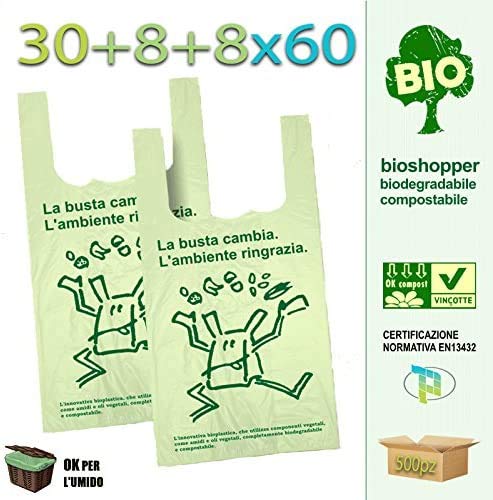 Palucart® scatolo da 500 shopper biodegradabili compostabili a norma 2018 (30+10+10x60)