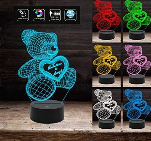 Lampada Led SAN VALENTINO NASCITA orsetto 3D PERSONALIZZABILE Idea Regalo originale Luce notturna