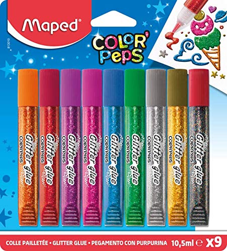 Maped Color'Peps - Tubi di colla glitterati per bambini, effetto lucido, facile da usare, con punta fine, 9 tubetti da 10,5 ml, colori assortiti