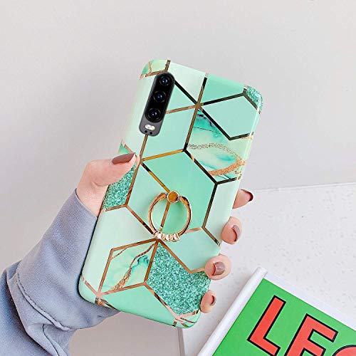 Herbests Compatibile con Huawei P30 Cover Morbida Silicone Sottile Custodia TPU Protettiva Case Cover con Anello Supporto Marmo Custodia Antiurto Slim Soft Case,Verde