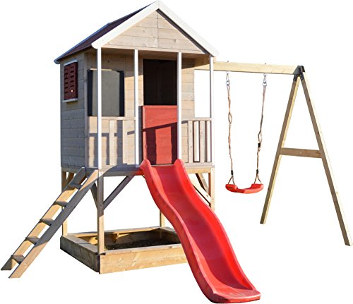 Wendi Toys M9 Summer Adventure House & Piattaforma e scivolo | Casetta da gioco per bambini in legno su una piattaforma di 90 cm con altalene, casa in legno, giardino, casetta da gioco con veranda