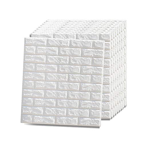 VASEN 3D Carta da Parati Mattoni Adesiva Pannello Parete Decorativo Muro di Mattoni Moderna Impermeabile per Cucina, Bagno, Salone, Ufficio, TV Sfondo(77 cm*70 cm)(10ps, Bianco)