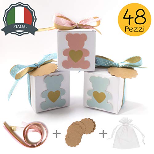 Stella Design Bomboniere Battesimo/Nascita, 48 Pezzi Bigliettini e Sacchetti, Orsetto Maschio/Bambina, Scatole Portaconfetti (Celeste)