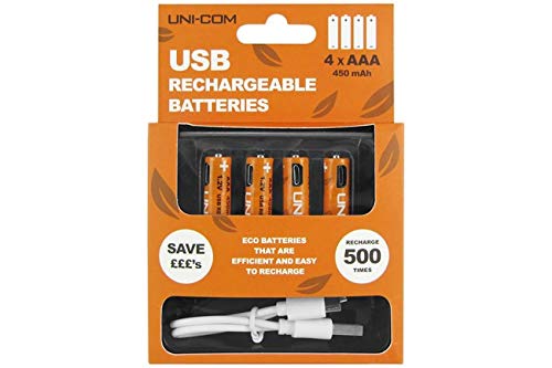 UNI-COM - Confezione da 4 batterie AAA Ni-MH ricaricabili con cavo micro USB, 450 mAh