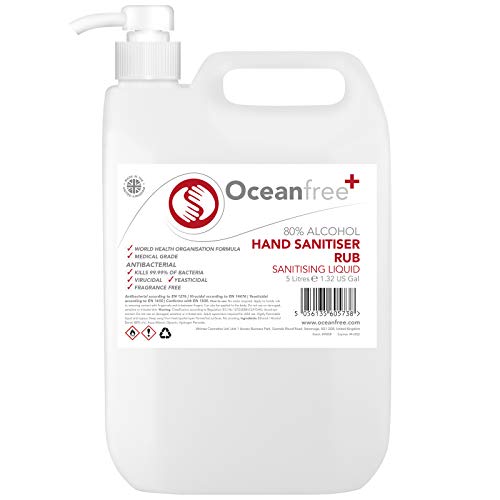 Igienizzante liquido per il massaggio delle mani a base alcolica 80% - 5 litri con pompa - Certificato per uso medico/chirurgico - Prodotto nel Regno Unito (singolo)