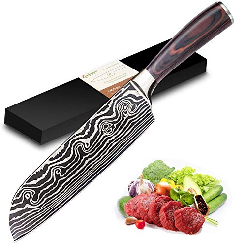 Joyspot Coltelli da Cucina,Coltello Santoku Giapponese,Coltello da Chef in Acciaio al Carbonio Tedesco Lama affilata con Manico ergonomico, Ideale per la Cucina di casa