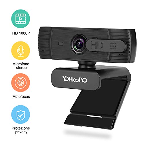 YOHOOLYO Webcam 1080P Full HD Autofocus con Microfono Stereo,Privacy Shutter,Webcam per Chat Video e Registrazione, Compatibile con Windows, Mac e Android