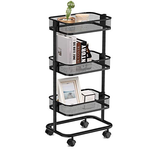 alvorog Carrello Cucina in Metallo, Carrello Portaoggetti con 3 Cesti di Filo Metallico, Altezza Regolabile, Assemblaggio Senza Viti, Scaffale con Ruote, per Cucina, Bagno e Studio - Nero