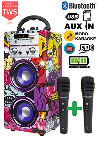 DYNASONIC 025 -Cassa Bluetooth Altoparlante Karaoke 10W | Wireless portatile con microfono incluso | Lettore SD USB e lettore Mp3, Radio FM, Modello 1 [Classe di efficienza energetica A+]