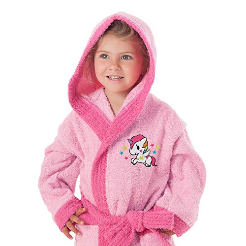 Secaneta - Accappatoio da Bambina con Cappuccio e Tasche, 100% Cotone, Motivo: Unicorno, dai 2 ai 4 Anni, Multicolore