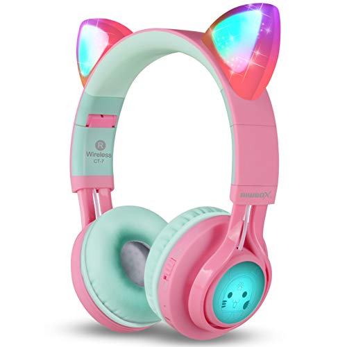 Riwbox CT-7 Cuffie Bluetooth con orecchie di gatto che si illuminano con luce LED, wireless, pieghevoli, con microfono e controllo del volume, per iPhone/iPad/smartphone/Laptop/PC/TV Pink&Green