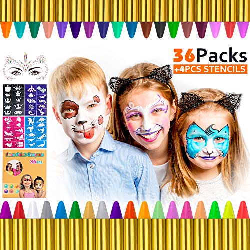 Gifort Trucchi per Truccabimbi, 36 Colori Body Painting Kit con 4 Face Paint Stampini per Bambini, Perfetto per Carnevale, Pasqua, Natale, Halloween