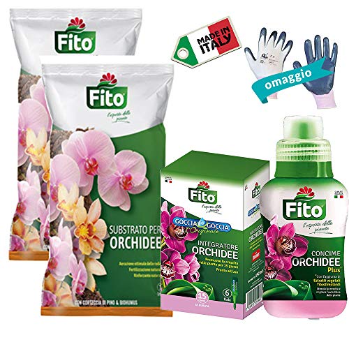 Kit Orchidee con 2X Terriccio Substrato Naturale, Concime Liquido 250 ml+6X Fiale Goccia a Goccia+Guanti Omaggio| Ideale per Rinvaso, Concimazione e Idratazione|Idea Regalo| Cura Soluzione Completa|