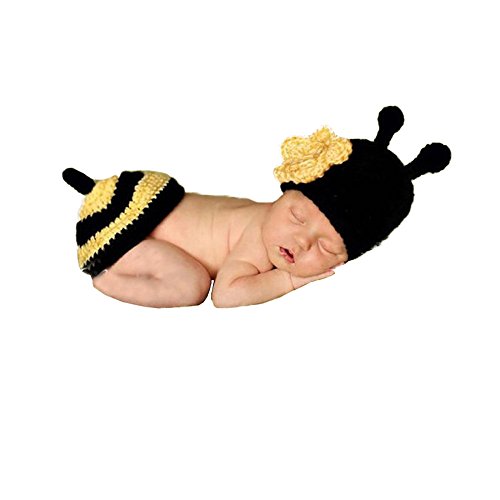 [Piccola ape] Neonato uncinetto Bambino Costume ,Puntelli Oggetti di fotografia ,Crochet fatto a mano Beanie cappello (Piccola ape, Nero)