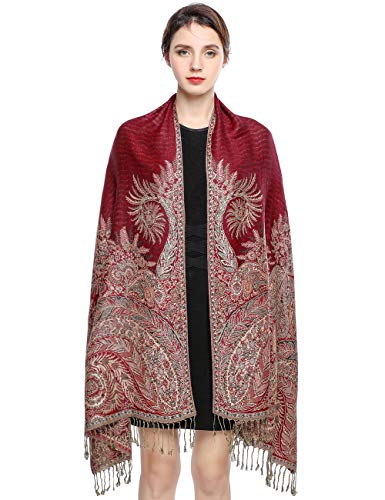 EASE LEAP Sciarpa Pashmina per donna scialle avvolgente caldo di lusso con sensazione di seta Hijab Paisley in colori ricchi con frange 200 * 70cm/(rosso)