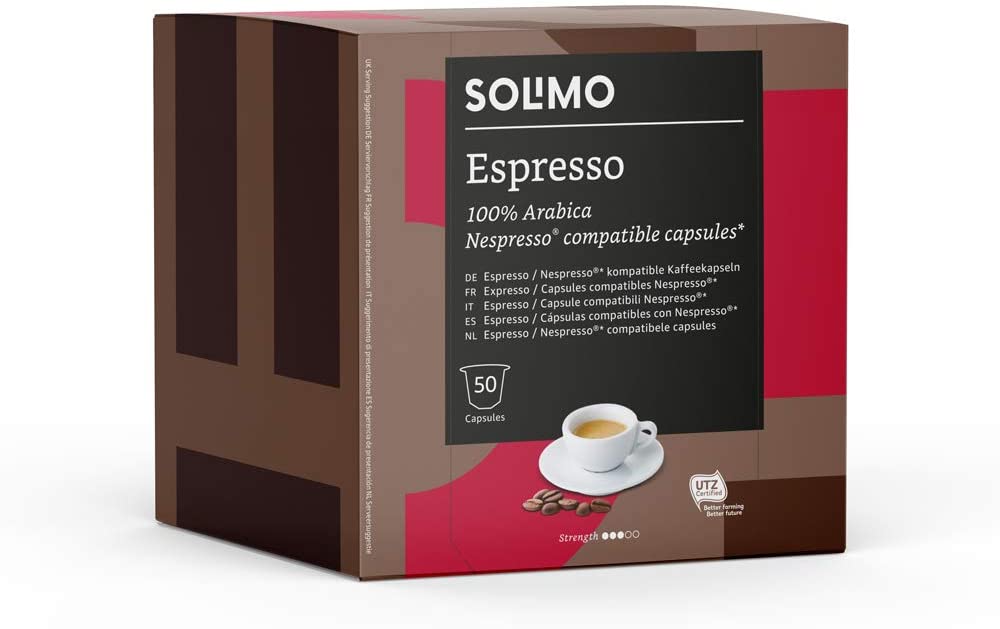 Marchio Amazon - Solimo Capsule Espresso, compatibili Nespresso* - caffè certificato UTZ, 100 capsule (2 x 50)