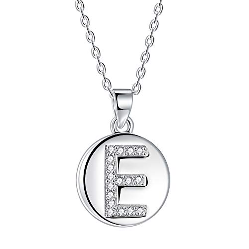 Collana da donna con lettera iniziale E, pendente a disco in argento 925 con zirconi cubici AAA, lunghezza catena 40 + 5 cm