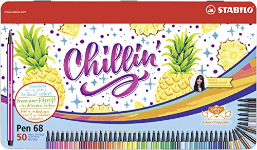 Pennarello Premium - STABILO Pen 68 - 46 Colori assortiti - Scatola in metallo da 50 - Chillin Pineapple Design by Amanda Arneill