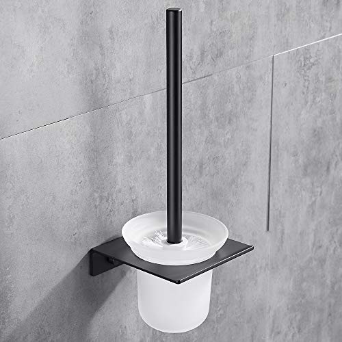 Hoomtaook Scopino per WC Supporto Spazzolone a Parete in Alluminio e Installazione di Colla Senza Danneggiata Vetro e Una Spazzola Extra Nero