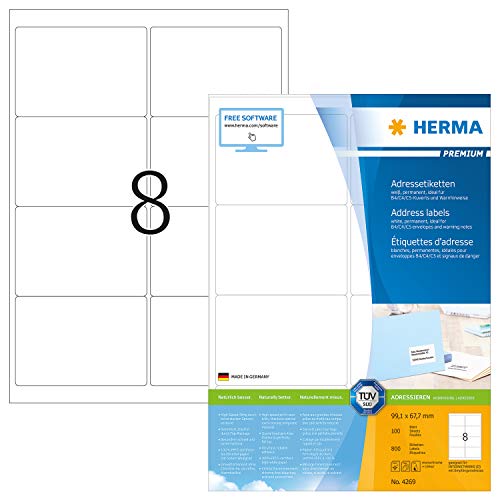 HERMA Etichette per Indirizzi, 99,1 x 67,7 mm, Etichette Adesive A4 per Stampante, 8 Etichette per Foglio, Bianco