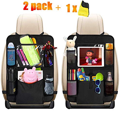 Protezione Sedili Auto Bambini, HE-TOP 2 Pezzi Organizzatore Sedile Posteriore Auto Proteggi Impermeabile con Multi-Tasca e Pocket iPad/Tablet Trasparente, Organizer Bambino per Sedile Auto