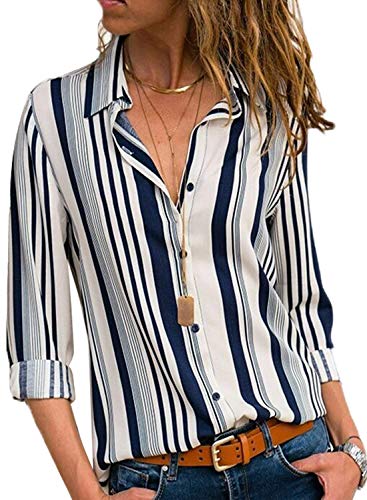 Donna Camicetta Chiffon Blusa Elegante Camicia Manica Lunga Scollo V Camicetta Camicia Bavero Elegante Bluse (IT 50, C Bianco)