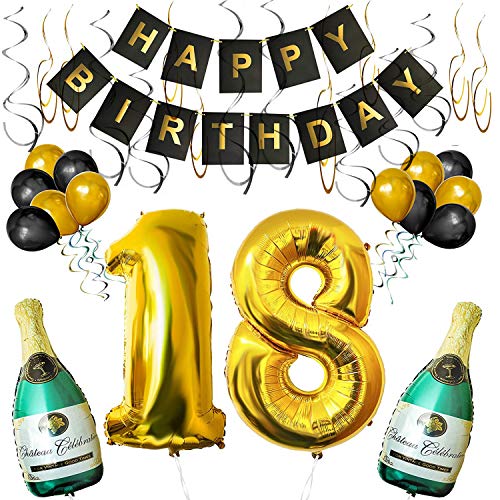 BELLE VOUS Set 18esimo Compleanno Decorazioni Palloncini Striscione Include Bottiglie Champagne Gonfiabili, Numero 18 Oro 101.6cm e Palloncini- Kit Decorazione Forniture Festa