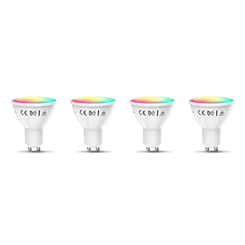 B.K.Licht Lampadine LED smart RGB GU10, luce calda fredda colorata, dimmerabili con App smartphone, adatte al controllo vocale Amazon Alexa, Google Home, 4 lampadine Wi-Fi, 5.5W 350Lm, attacco GU10