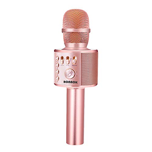 Microfono Karaoke Wreless Bluetooth BONAOK, 3-in-1 Palmare Portatile Karaoke Mic Regalo di Compleanno Altoparlante per Feste a Casa per iPhone/Android/iPad, PC Smartphone Plus in oro rosa