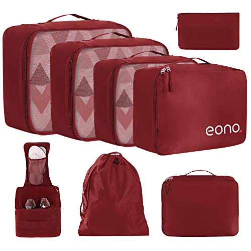 Eono by Amazon - Organizer Valigia Set di 8, Cubi da Viaggio, Cubi di Imballaggio Organizer Valigia Essential Organizer Borse da Viaggio Impermeabili Sacchetto da Viaggio Packing Cubes, Borgogna