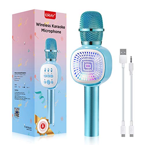 ERAY Microfono Karaoke Bluetooth, Karaoke Microfono Wireless 4 IN 1 Supporta la Scheda TF / 1800mAh / 3.5mm AUX/Compatibile con Android/iOS, PC e Smartphone, Microfono Wireless Blu