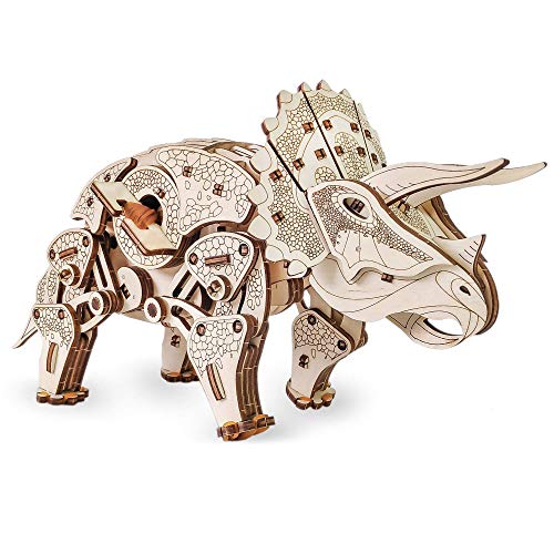 EWA Eco-Wood-Art- Triceratops Triceratopo Meccanico Tridimensionale-Puzzle per Adulti e Adolescenti-Collezione Senza colla-283 Dettagli, Colore Natura