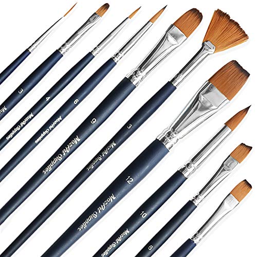 MozArt Supplies Set Pennelli Acquerelli Essenziali - 10 Pennelli per Dipingere Sintetici Assortiti di Alta qualità - Ideali per Pittura Acquerello, Acrilica, Tempere