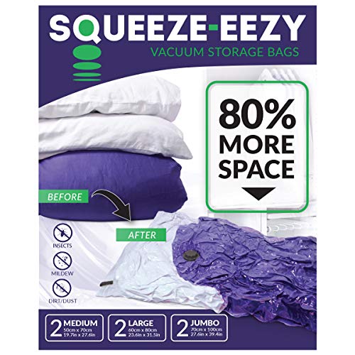 Squeeze-Eezy - 6 buste sottovuoto salvaspazio - Riduzione fino all'80% dello spazio ideale per i cuscini, cuscini Copripiumini, per viaggio - Pack de 3 diverse misure resistenti