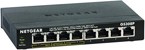 Netgear GS308P Switch Ethernet PoE 8 porte Gigabit, 4 porte PoE e budget energetico pari a 55W, switch unmanaged desktop, struttura in metallo senza ventole