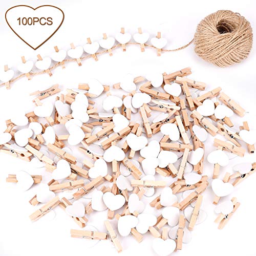 Mollette in Legno 100 Pezzi Mini a Forma di Cuore Clip di Legno Mollettine Bucato Decorative con 30 Metri Filo Juta Naturale per Foto Biglietti Matrimonio Scrapbooking DIY