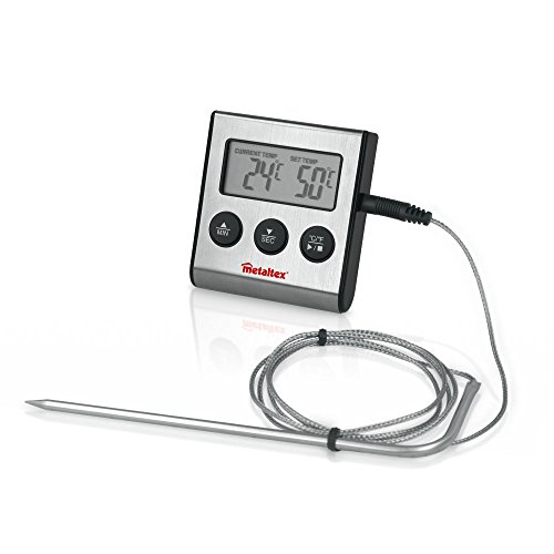 Metaltex Termometro Digitale da Cucina con sonda e Timer, Acciaio Inox, Grigio, 20 x 20 x 6 cm