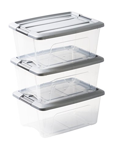 Iris Ohyama New Top Box NTB-15 lote di 3 scatole di immagazzinaggio impilabili, Materiale: Plastica, Trasparente/Grigio, 15 L, 3 unità