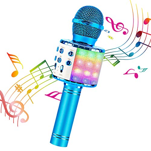 ShinePick Microfono Karaoke, 4 in 1 Bluetooth Wireless LED Flash Microfono Portatile Karaoke Player con Altoparlante per Android/iOS, PC e Smartphone(Blu)