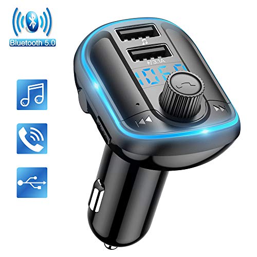 Wodgreat Trasmettitore Bluetooth per Auto, Trasmettitore FM Adattatori Vivavoce Car Kit, Trasmettitore Radio Bluetooth Lettore Musica Auto, LED Controluce, 2 Porte USB, Supporto Scheda TF/U Disk