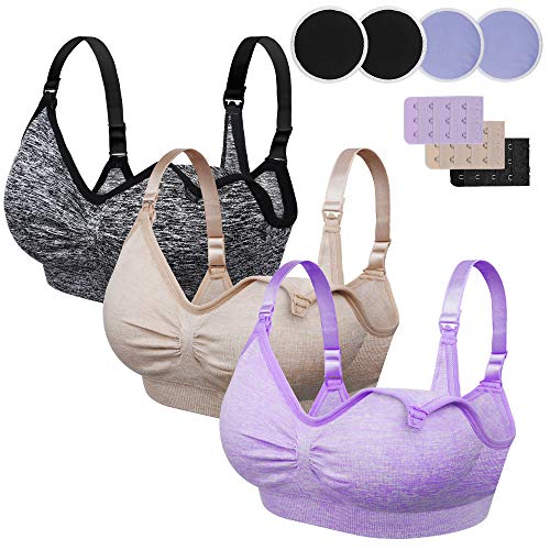 Rovtop 3Pack Reggiseno Allattamento,Allattamento Senza Ferretto,con Pettorina Rimovibile,Fibbia di Prolunga, Supporto per Allattamento (Viola, Beige, Grigio Scuro)