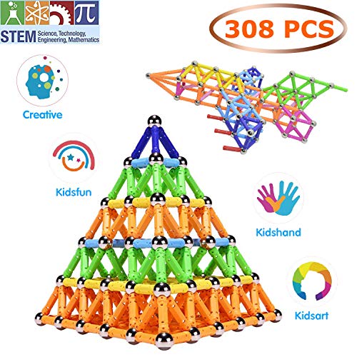 Veatree 308 Pezzi Puzzle Blocchi magnetici Giocattoli, Costruzione di Magnete Kit di Costruzione Giocattoli educativi per Bambini Che Giocano Gioco impilabile con Mattoni e Bastoncini magnetici