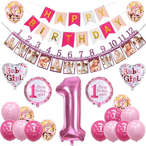 sancuanyi 1 Compleanno Decorazioni Bambina Ragazzo Palloncini Compleanno 1 Anno Decorazioni per Neonati Ragazza (Rosa)