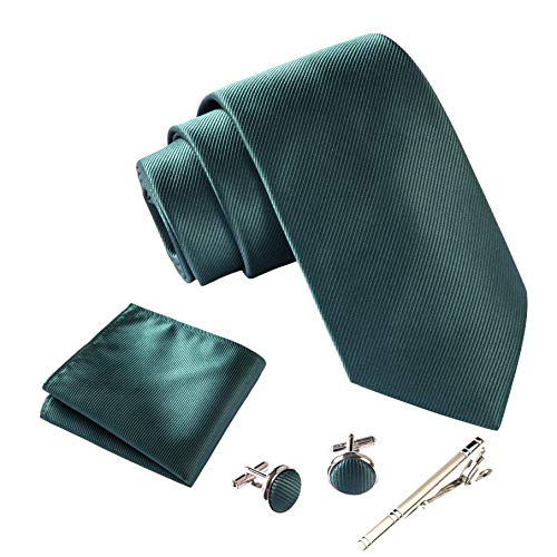 Massi Morino ® Cravatta uomo + Gemelli + Fazzoletto (Set cravatta uomo) regalo uomo con confezione regalo (Verde Scuro)