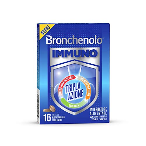 Bronchenolo Immuno Tripla Azione, Supporta Le Difese Immunitarie, Sostiene le Vie Respiratorie, Aiuta il Metabolismo, a Base di Echinacea, Vitamina C e D, Acido Folico, 16 Pastiglie senza Glutine