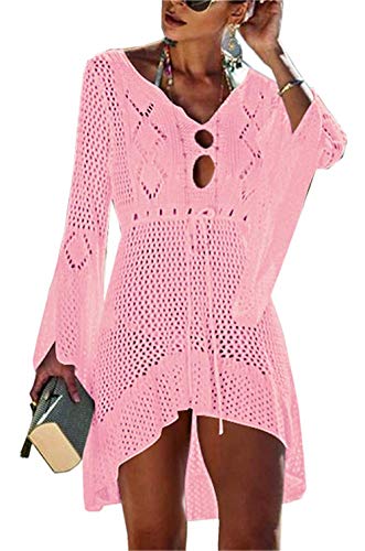 Jinsha Abito da Spiaggia Allentato da Donna Bikini Allentato a Manica Lunga con Scollo a V Coprire Costumi da Bagno Coprire Tunica fluida Camicetta per Le Vacanze(Pink)