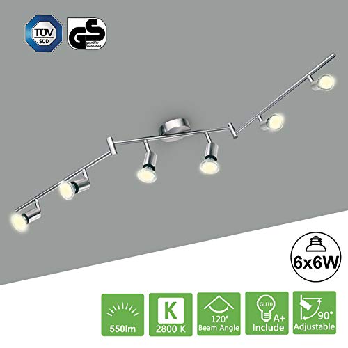 Faretti LED da Soffitto Orientabile Kimjo, Lampada da Soffitto con 6 x 6W LED GU10 Bianco Caldo 2800K Pari a 54W, Plafoniera LED 550LM 82Ra Nickel Matte per Camera Salotto Cucina