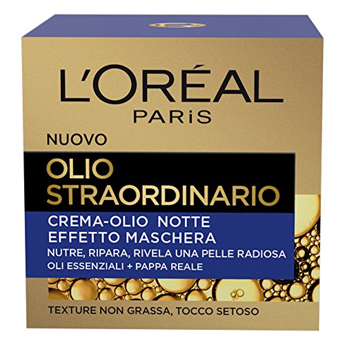 L'Oréal Paris Crema Viso Notte Olio Straordinario, Trattamento Nutriente, Arricchito con Oli Essenziali e Pappa Reale, 50 ml, Confezione da 1
