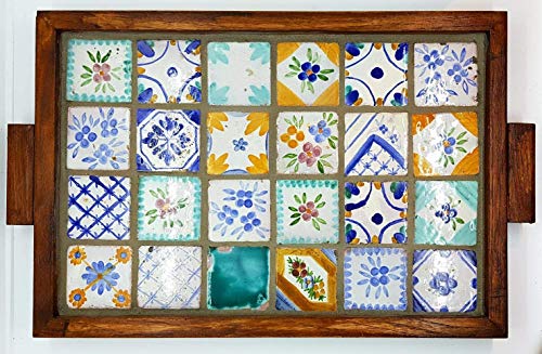 Vassoio Ceramica cornice in Legno massello Linea Mosaico Tozzetti 5x5 Oggetto d'arte Pezzo Unico Handmade Le Ceramiche del Castello Made in Italy Dimensioni 24 x 38 cm